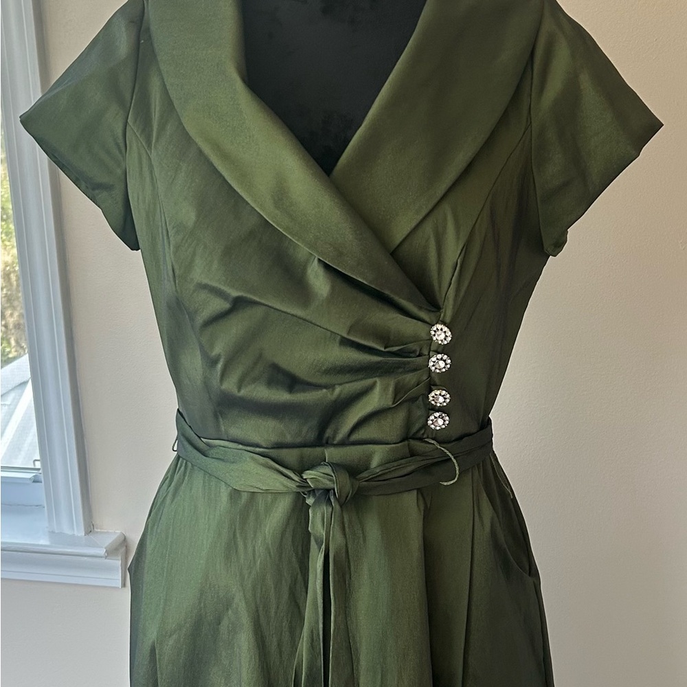 Julian Taylor Olive Green Midi Dress with Button Detail